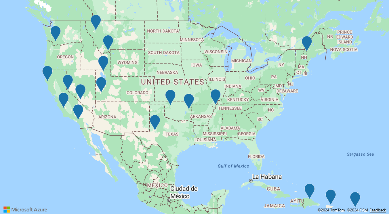 A screenshot of an Azure Maps showing North America with blue pins at earthquake locations.