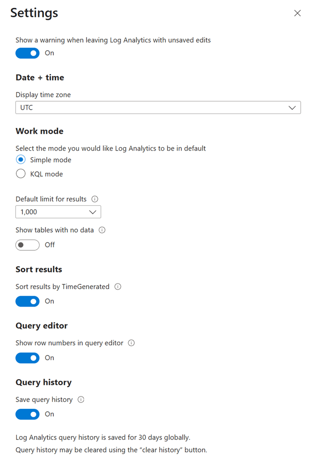 Screenshot that shows the Logs settings window in Log Analytics.