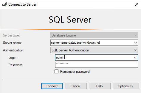 Screenshot of the Connect to Server dialog box in SQL Server Management Studio (SSMS).