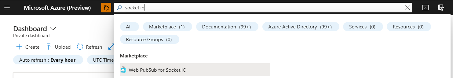 Screenshot of searching the Web PubSub for Socket.IO service in the Azure portal.
