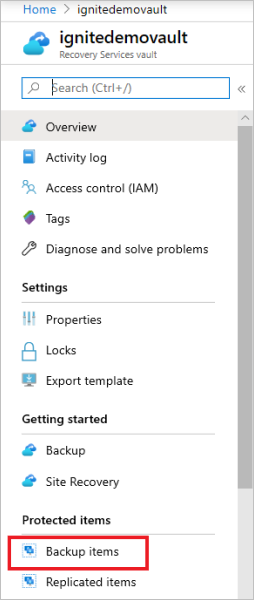 Screenshot that shows the 'Backup items' link on the Recovery Services vault dashboard.