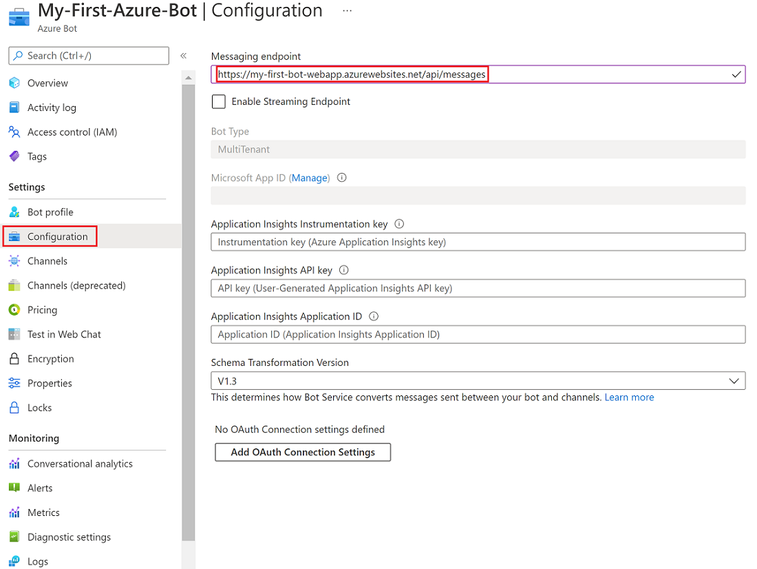 Screenshot that shows how to create a bot messaging endpoint by using the web app hostname.