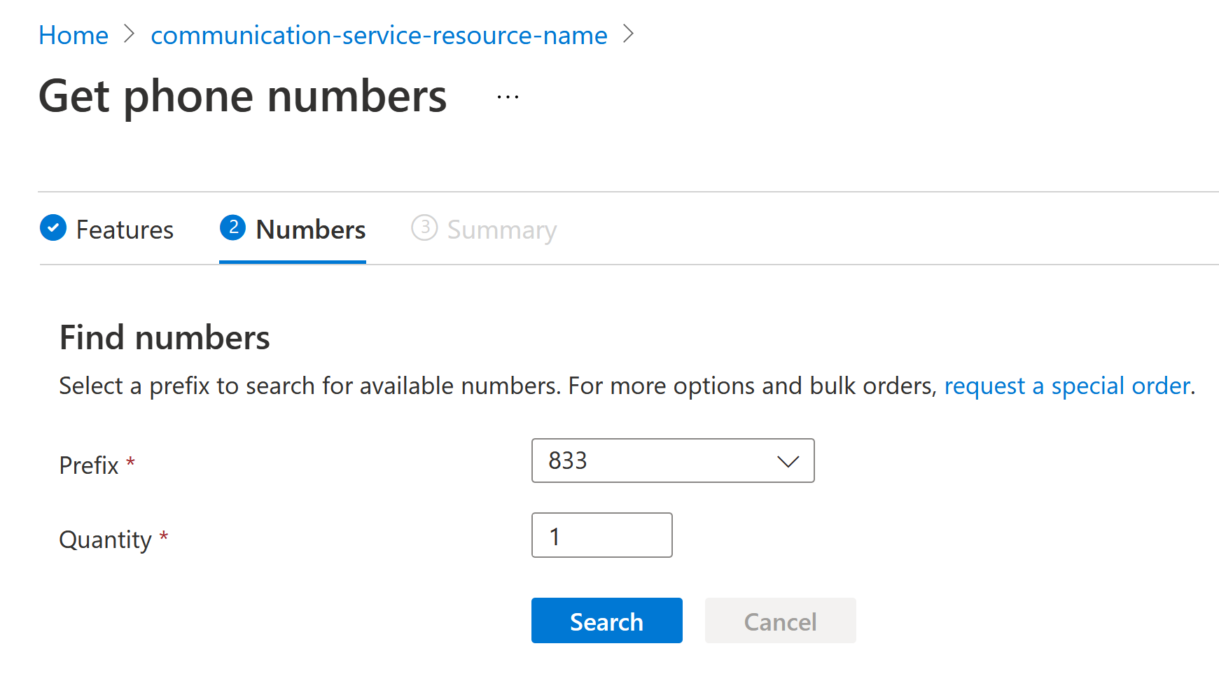 Screenshot showing the Numbers selection page.