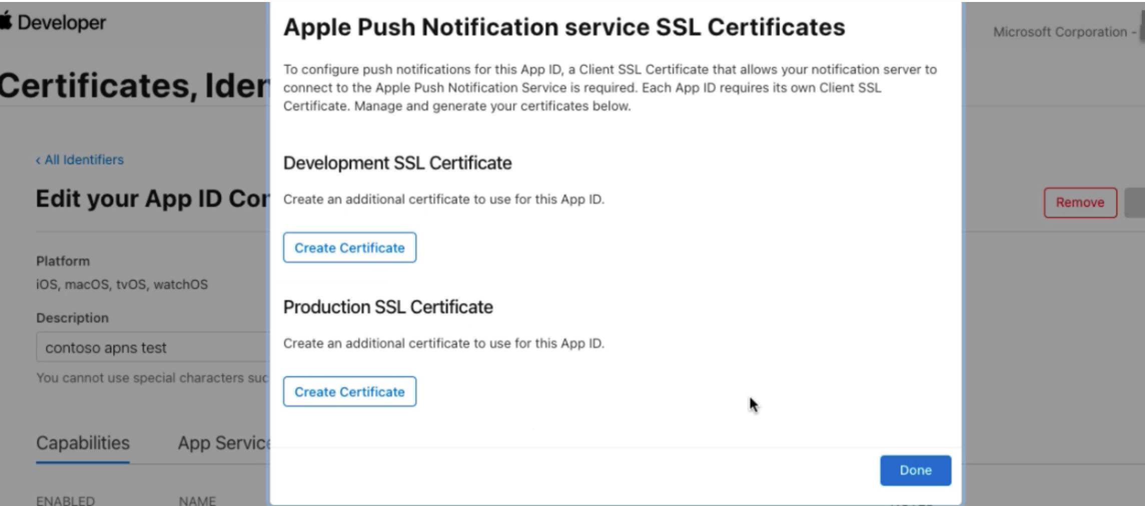 Screenshot that shows options for creating a development certificate or a production certificate.