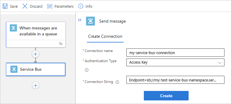 Screenshot showing Standard workflow, Service Bus managed action, and example connection information.