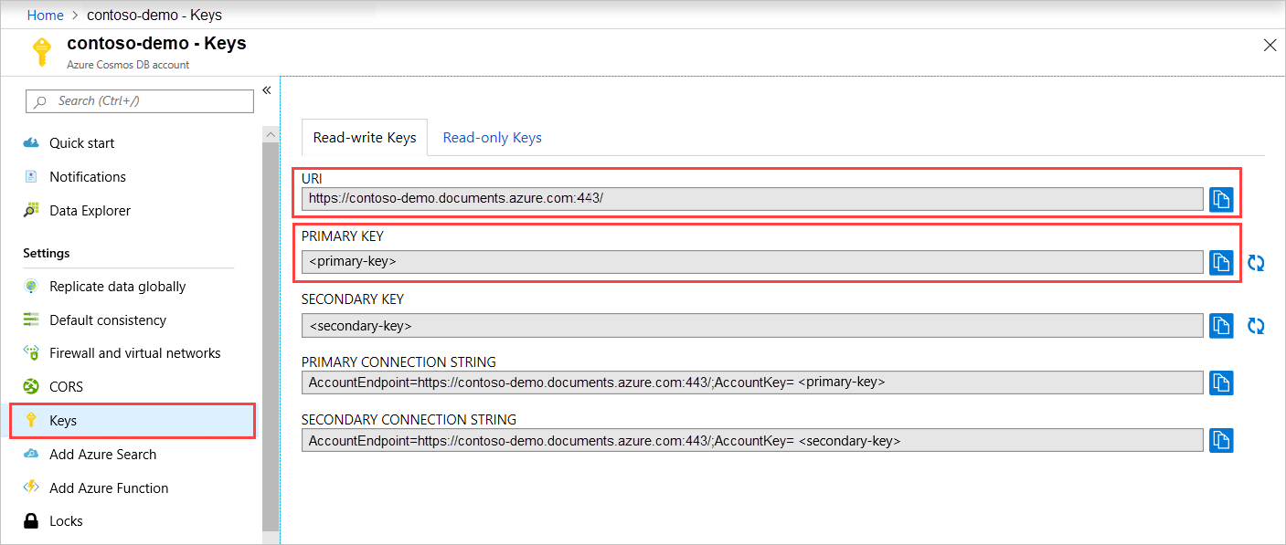 Screenshot of the Azure portal with the Keys button highlighted on the Azure Cosmos DB account page