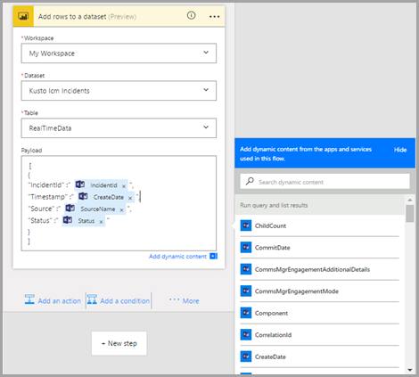 Screenshot of Power BI action, showing action fields.