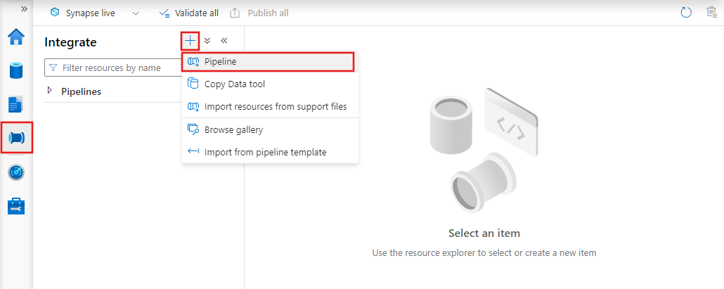 Shows the steps to create a new pipeline using Synapse Studio.