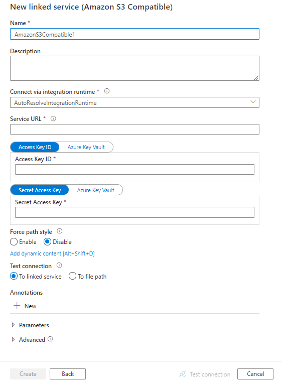 Configure a linked service to Amazon S3 Compatible Storage.