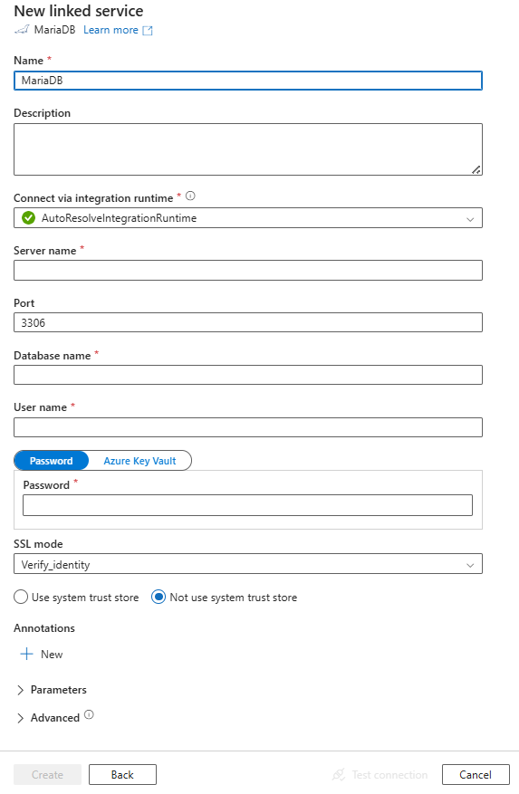 Screenshot of linked service configuration for MariaDB.