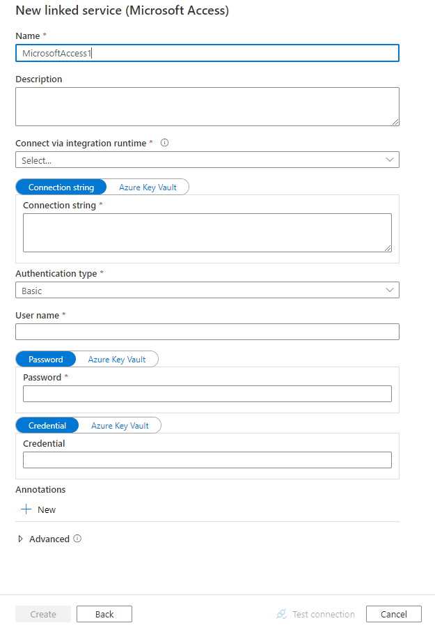 Configure a linked service to Microsoft Access.