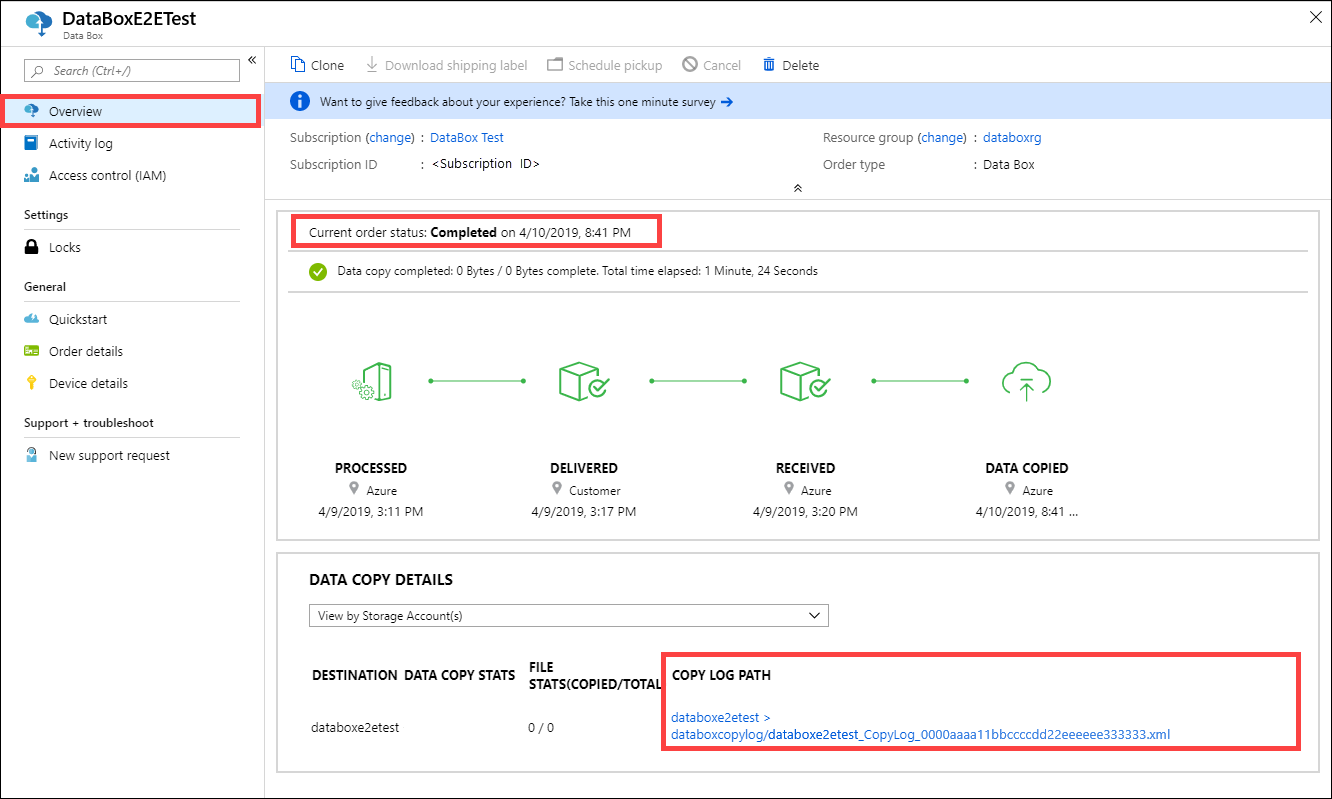 Path to copy log in Overview blade when completed