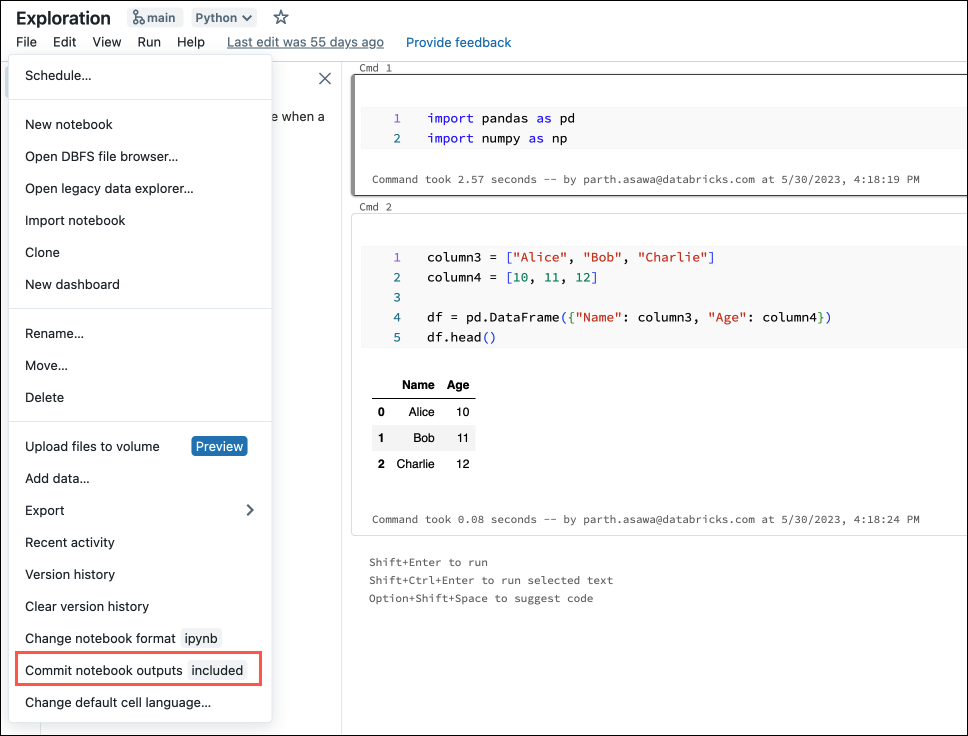 Notebook editor: Commit notebooks outputs status and control.