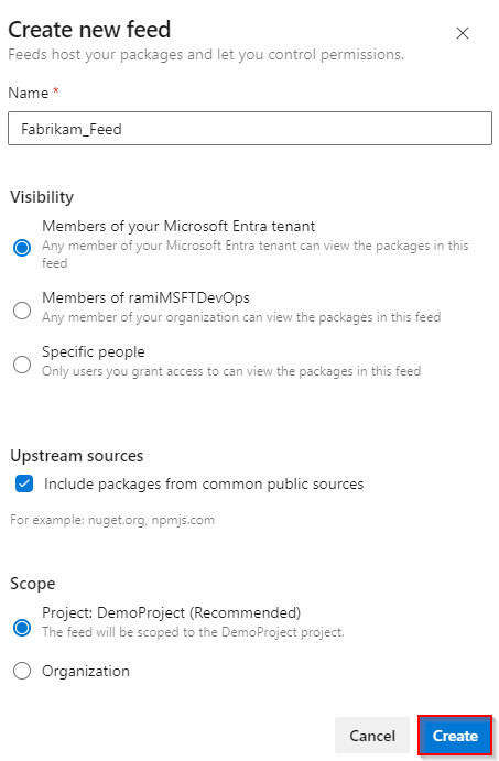 A screenshot displaying how to create a new feed in Azure DevOps Services.