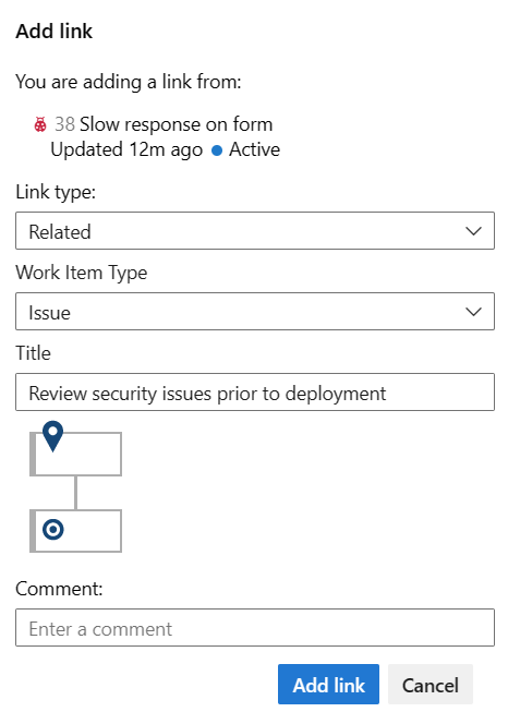 Screenshot of Add link dialog, Link to new work item.