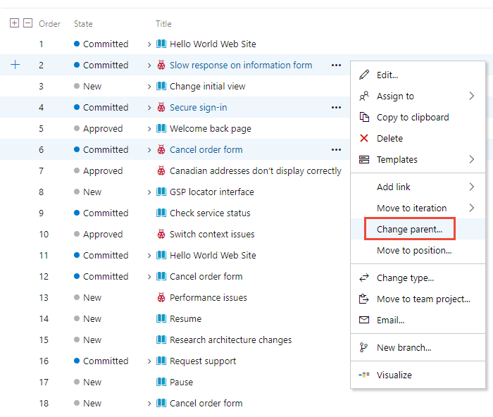 Screenshot of Change parent menu option of several backlog items.