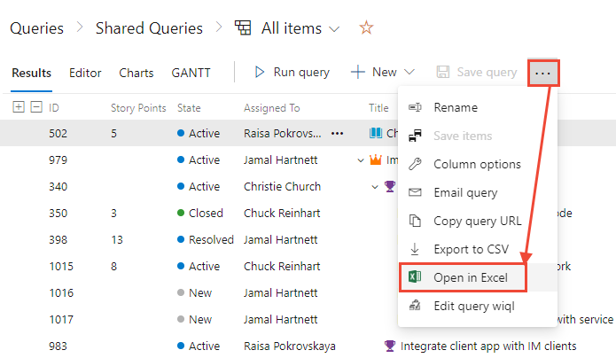 Screenshot shows Query Results, context menu, Open in Excel Open Boards Queries.