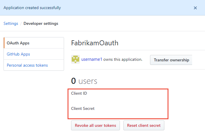 Screenshot of Client ID and Client Secret for the registered OAuth application.