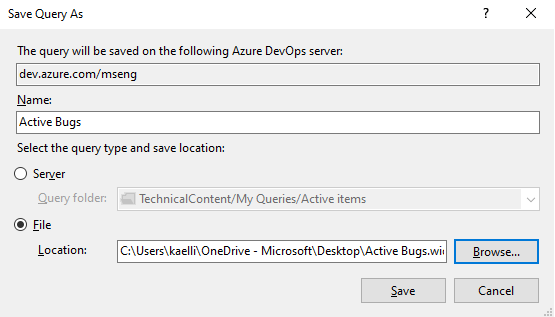 Screenshot of Visual Studio, Save Query As a WIQ file dialog.