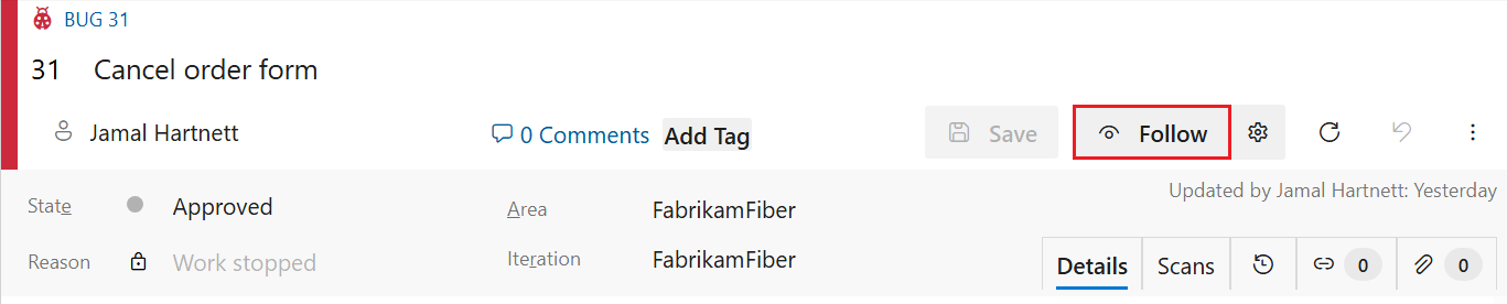 Screenshot showing Work item form, Follow icon control.