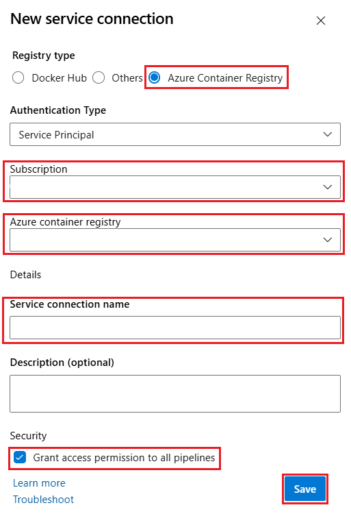 Screenshot of new Azure Container Registry service connection.