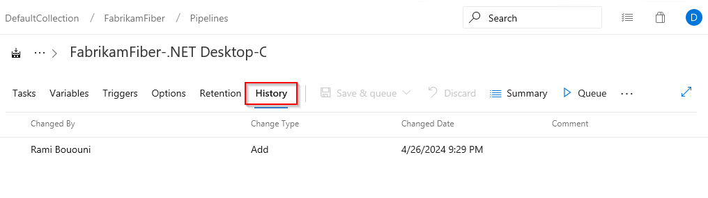 A screenshot displaying how to view Classic pipeline history.