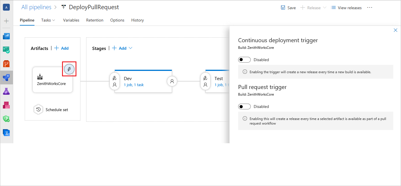 A screenshot displaying how to access the continuous deployment trigger settings in Classic release pipelines.