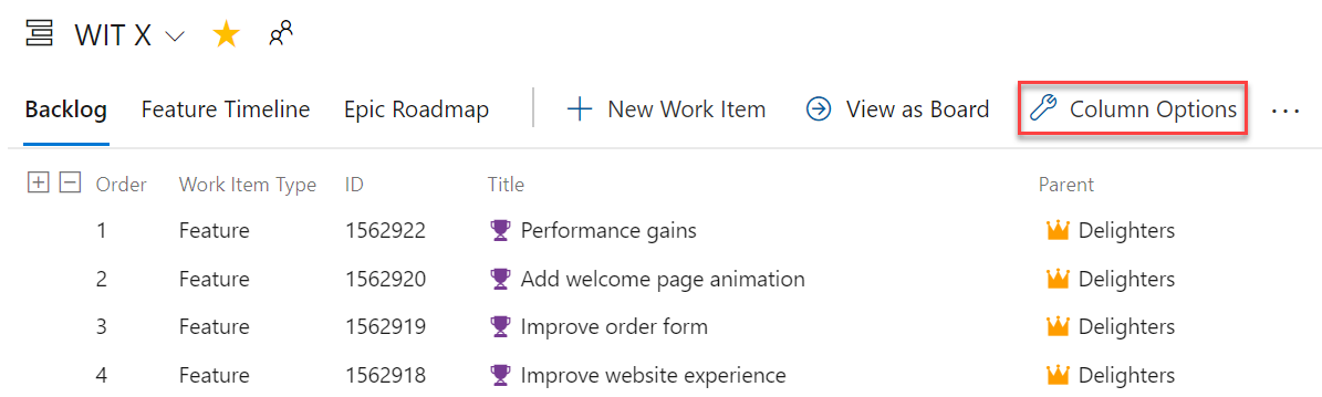 Add parent column as a column to a backlog.