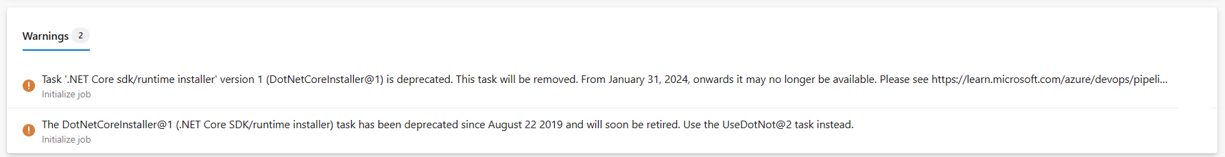 Screenshot of task-specific deprecation warnings.