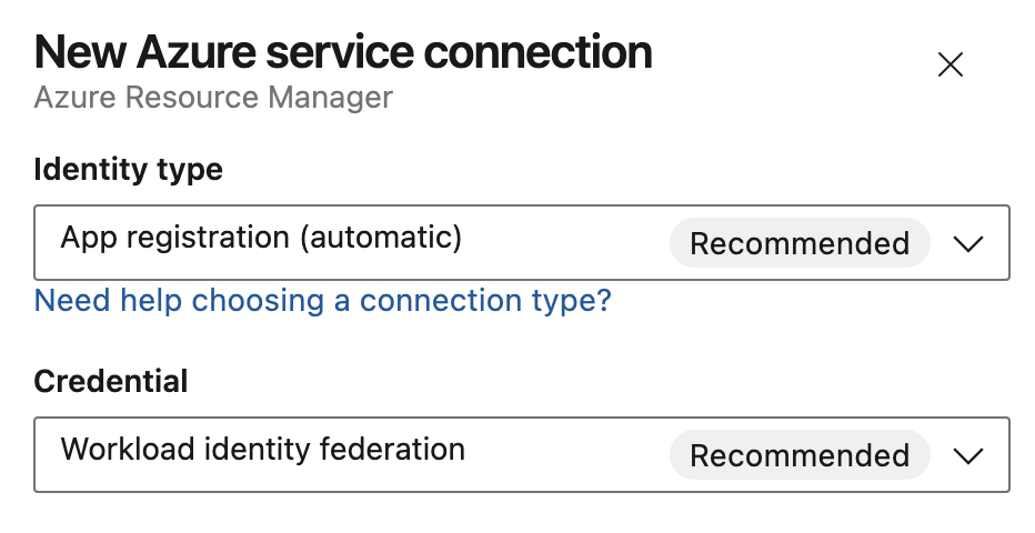 Screenshot of Azure service connection top level options.