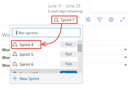 Screenshot shows here you can select a past sprint from the sprint selector.