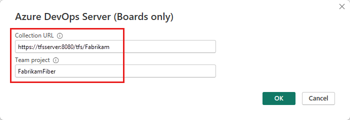 Screenshot shows the Azure DevOps Server dialog box where you can enter your URL and project.