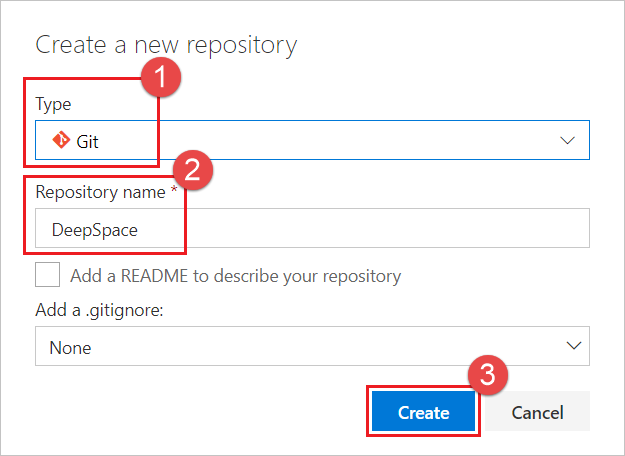 Screenshot shows Set options for your new repo in the Create a Git repo dialog.