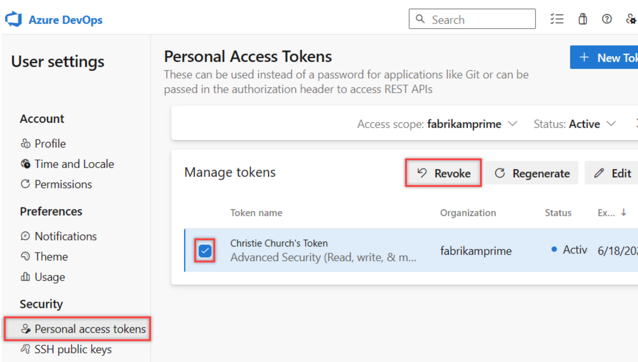 Screenshot showing selection to revoke a single token or all tokens.