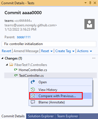 Screenshot of the 'Compare with Previous' option in the 'Commit Details' window in Visual Studio 2019.