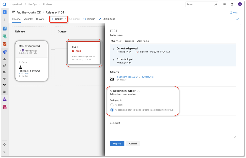 Screenshot showing the Deploy option selected, a test failure, and the Deployment Option section called out.