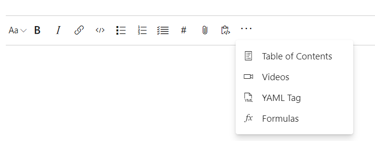 Screenshot showing the expanded context menu with the following options: Table of Contents, Videos, YAML Tag, and Formulas.