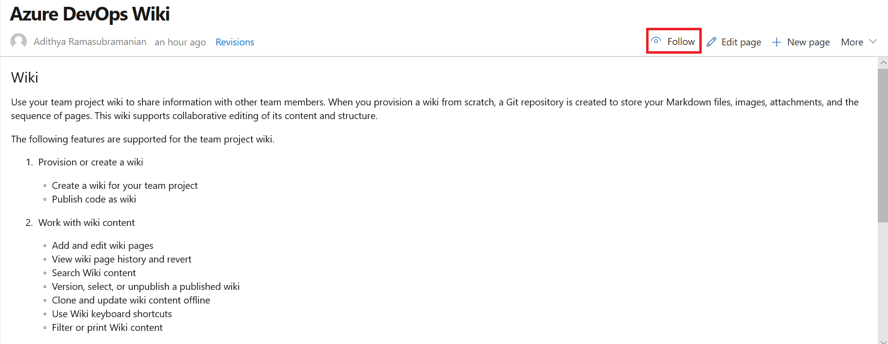Screenshot of an Azure DevOps Wiki page with the Follow option called out.
