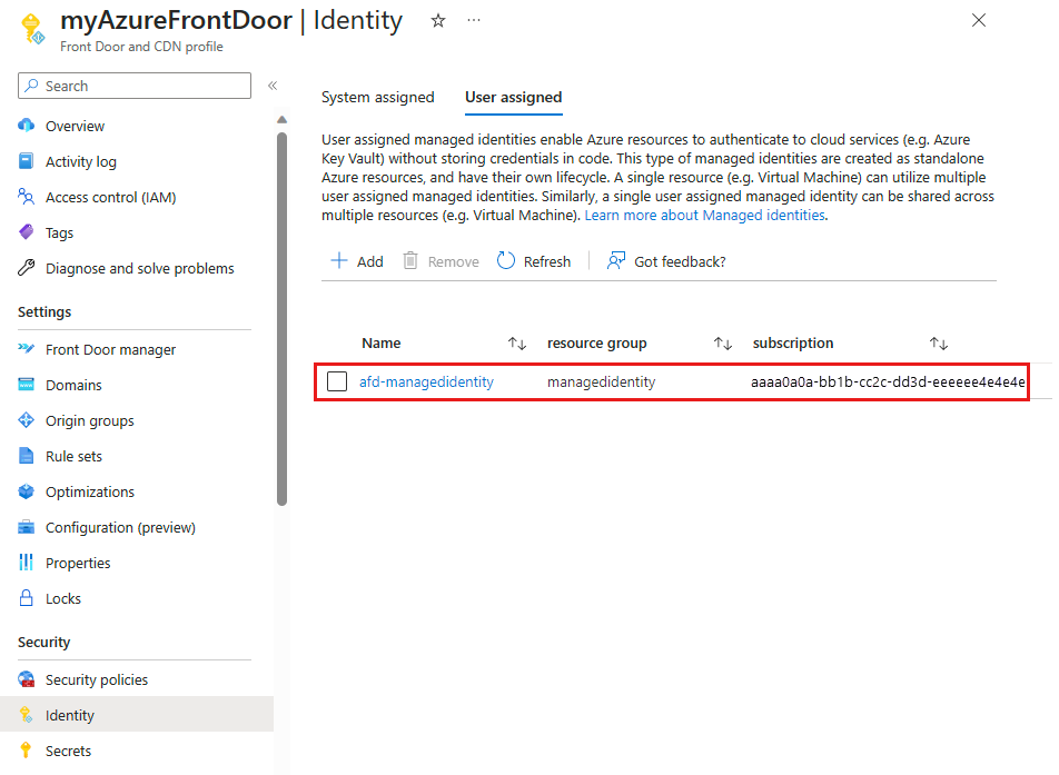 Screenshot of the user-assigned managed identity added to the Front Door profile.