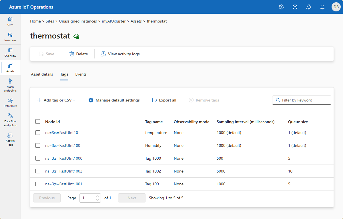 A screenshot that shows the thermostat asset in the operations experience.