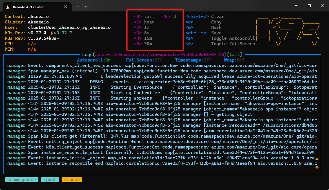 Screenshot that shows the log of a running pod in k9s.