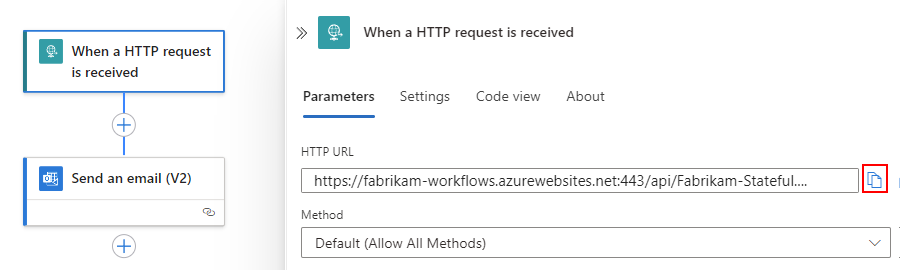 Screenshot shows workflow designer with Request trigger and endpoint URL in property named HTTP URL.