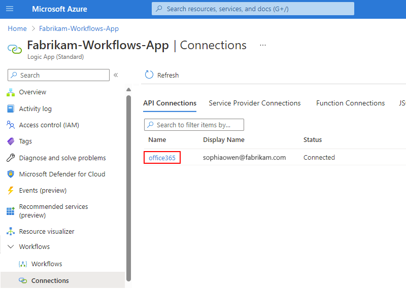 Screenshot shows logic app menu with selected item named Connections and selected connection resource named office365.