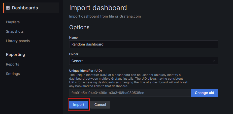 Screenshot of the Grafana UI in the Azure Managed Grafana workspace. The image shows the import option.