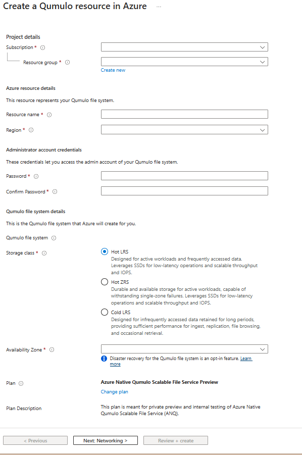 A screenshot of the Create a Qumulo resource in Azure options inside of the Azure portal's working pane with the Basics tab displayed.