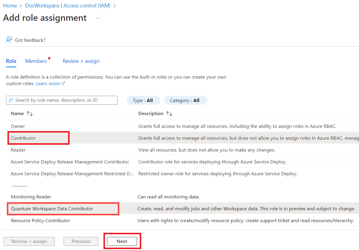 Screen shot showing how to create a contributor to your Azure Quantum workspace.