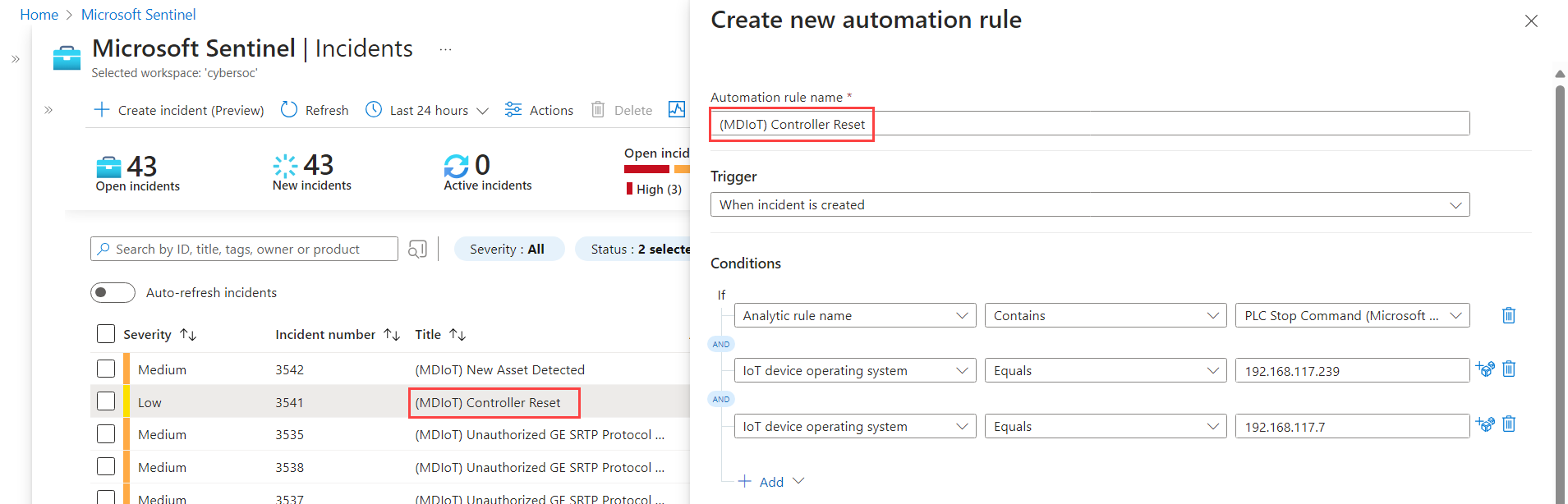 Screenshot showing how to create an automation rule for an incident in Microsoft Sentinel.