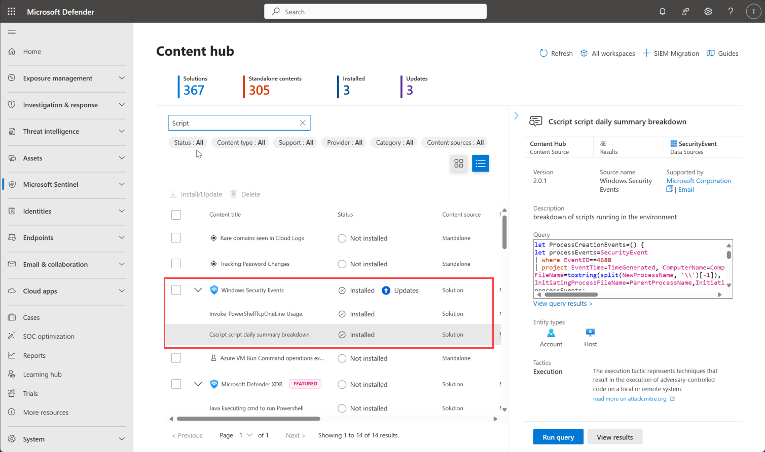 Screenshot of the Microsoft Sentinel content hub in the Defender portal.