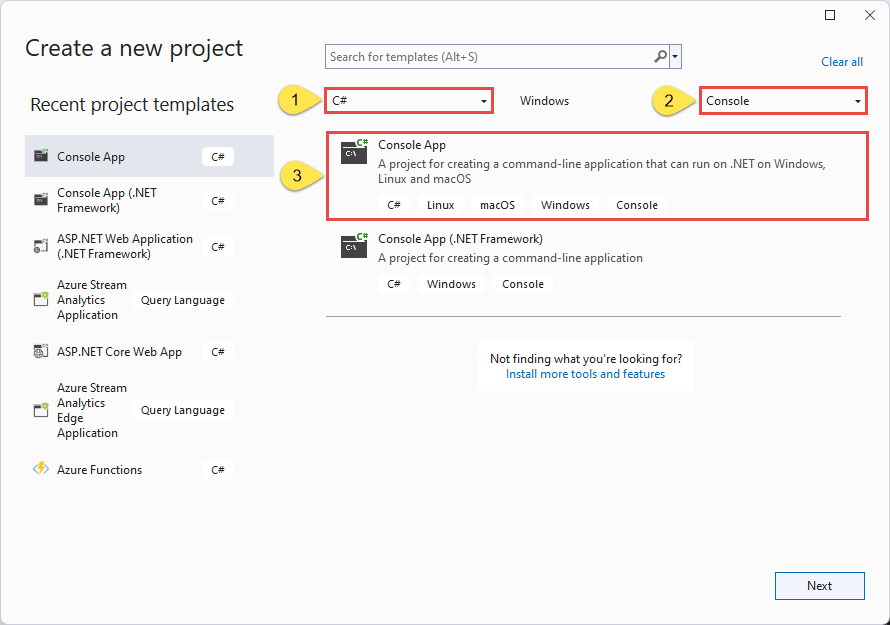 Image showing the Create a new project dialog box with C# and Console selected