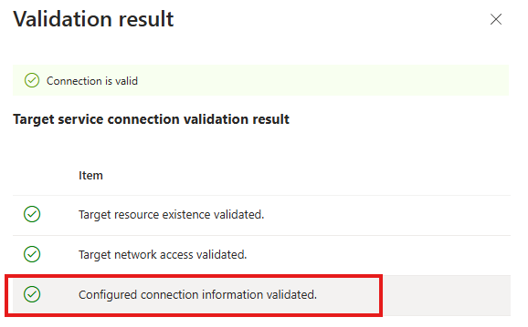 Screenshot of the AKS connection validation.